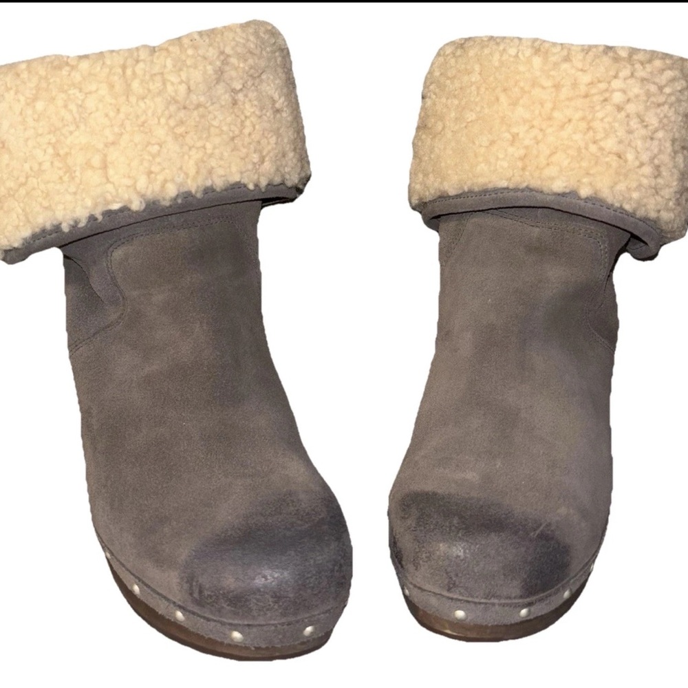 UGG Lynnea Wm 8US/39EU Gray Suede Shearling Ankle Boots Wooden Clog Soles - Picture 6 of 11